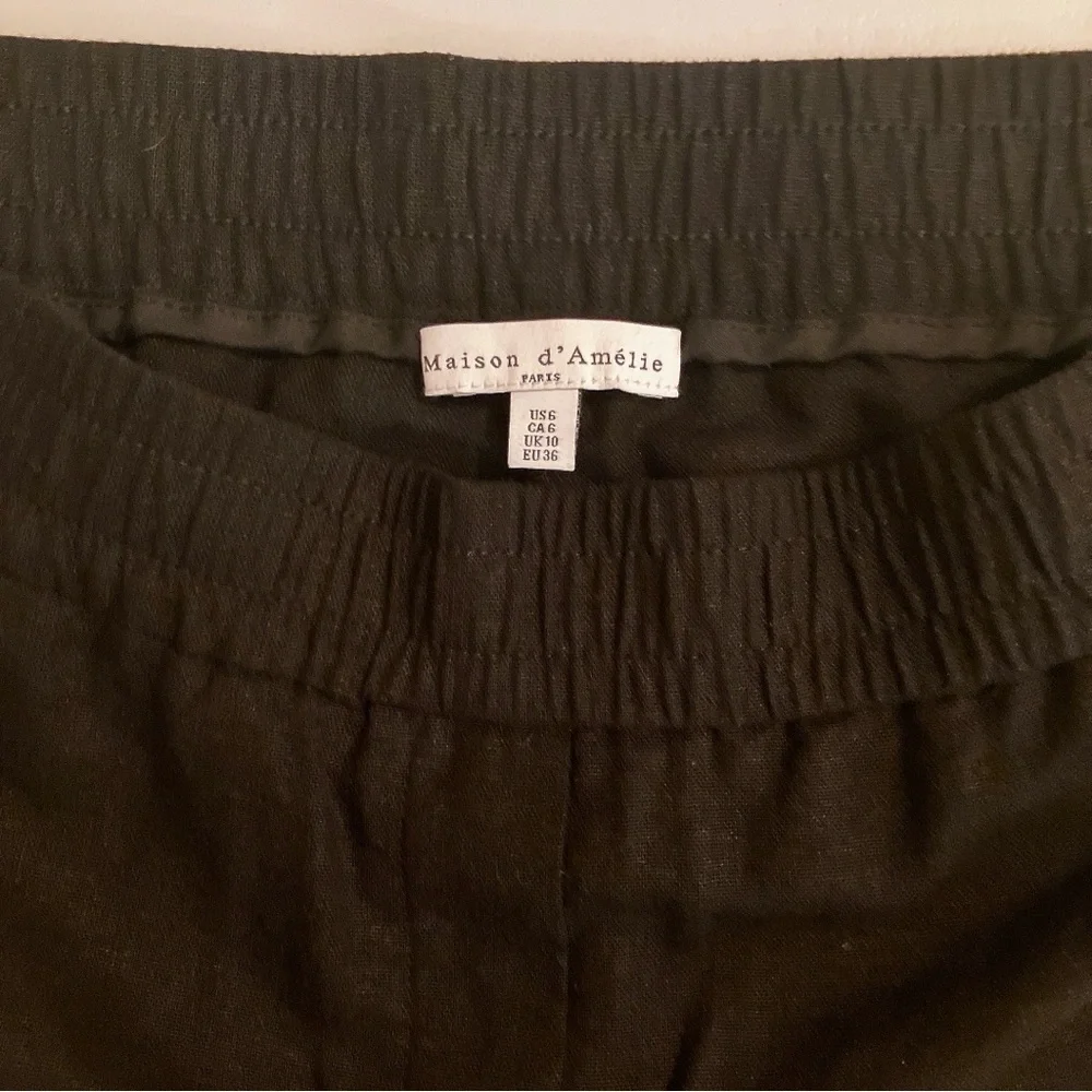 🎀 Maison D’Amelie Wide-Leg High-Rise Embroidered Hem Black Linen Ankle Pants - Picture 5 of 9